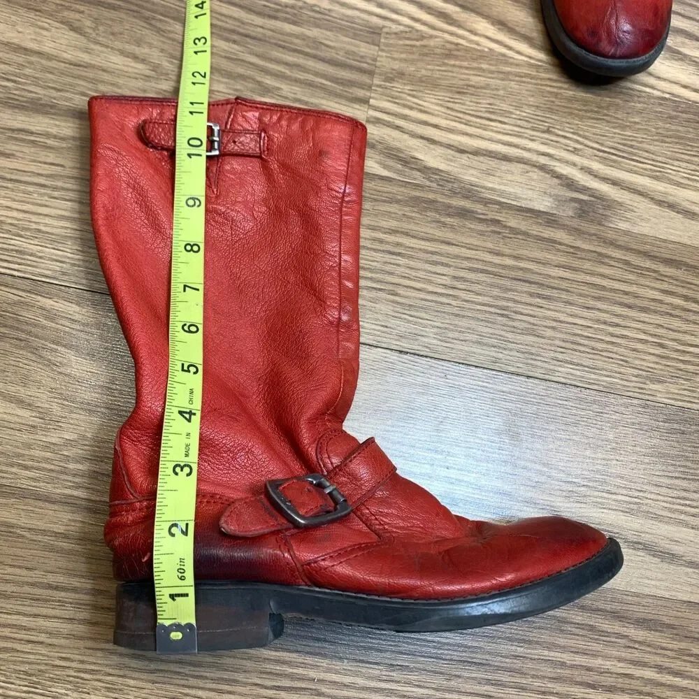 Frye Veronica Slouch Boots Moto Boys Size 2.5 Red Leather‎ Pull-On Buckle